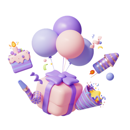 Flying Gift With Balloons  3D Icon