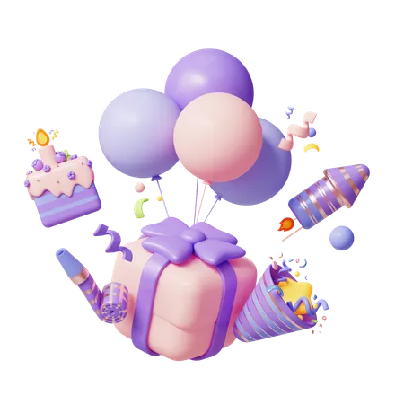 Flying Gift With Balloons  3D Icon