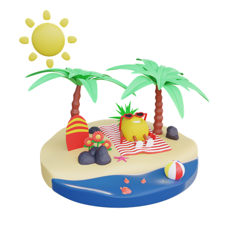 Abacaxi fofo relaxando na praia  3D Illustration