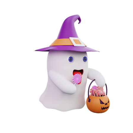 Fantasma fofo com cesta de abóbora  3D Illustration