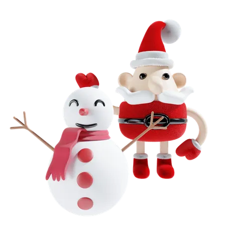 Lindo papai noel com boneco de neve  3D Illustration