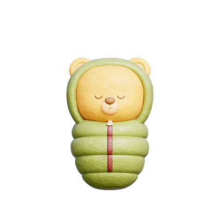 Urso fofo com saco de dormir  3D Illustration