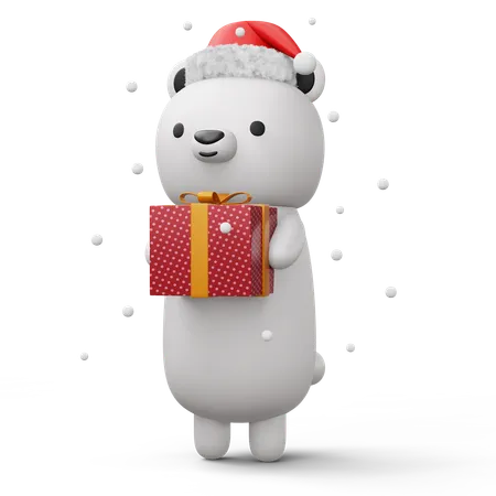 Urso polar fofo carregando presente de natal  3D Illustration