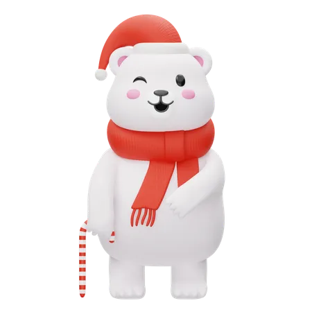 Urso polar fofo com bastão de Natal  3D Illustration