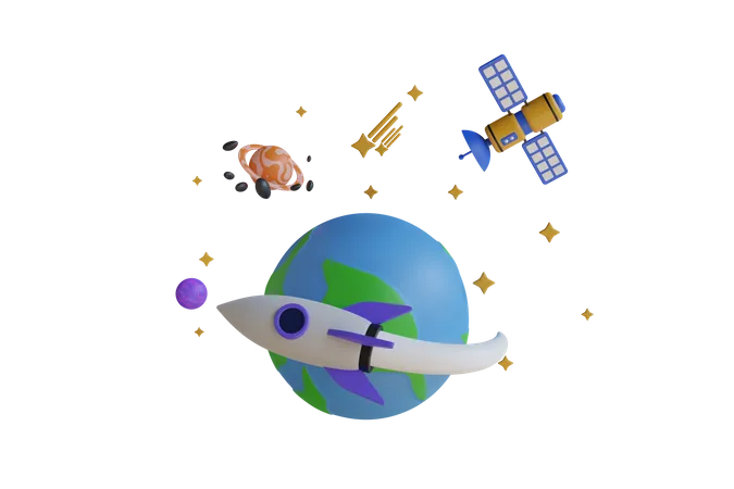 Ilustracao 3 D De Foguete Voando Sobre A Terra O Sistema De Lancamento Espacial Decola Conceito De Inicializacao Ilustracao 3 D 3D Illustration