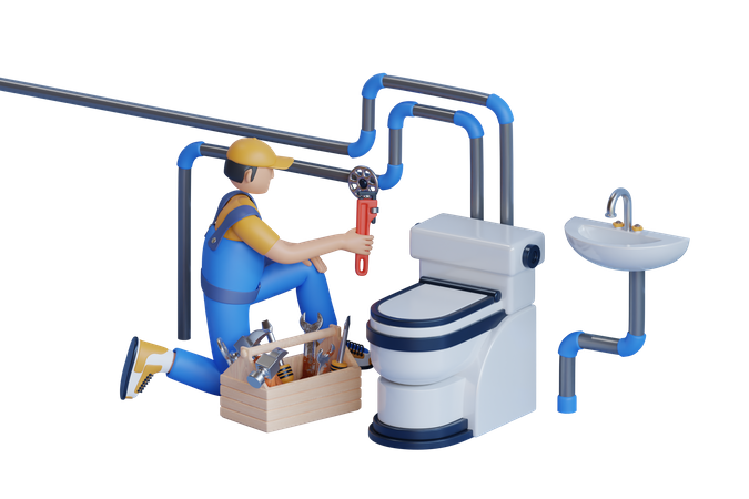Plomero masculino inspecciona tuberías para el suministro central de agua del inodoro  3D Illustration