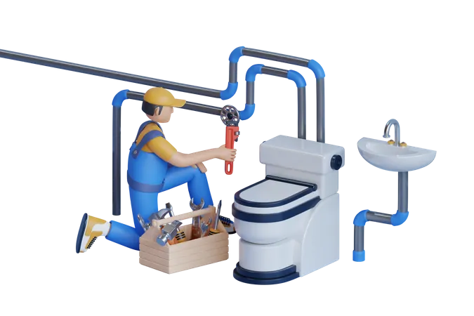 Plomero masculino inspecciona tuberías para el suministro central de agua del inodoro  3D Illustration