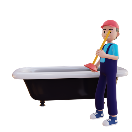 Fontanero reparando bañera con desatascador de inodoro  3D Icon