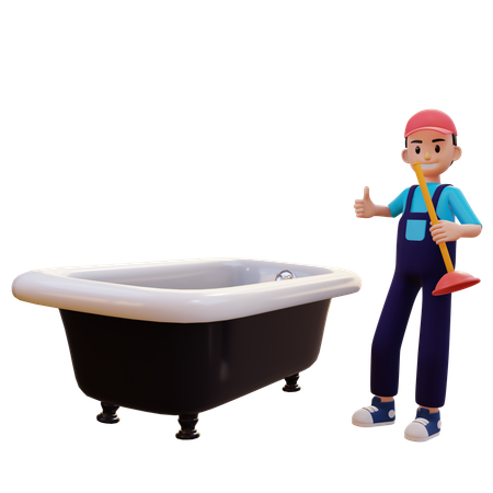 Plomero reparando una bañera con un desatascador y mostrando el pulgar hacia arriba  3D Illustration