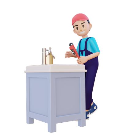 Fontanero reparando un lavabo con una llave inglesa  3D Icon
