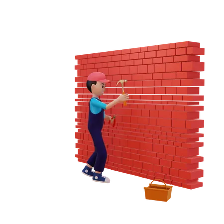 Plomero repara la pared con un martillo y una caja de herramientas  3D Illustration