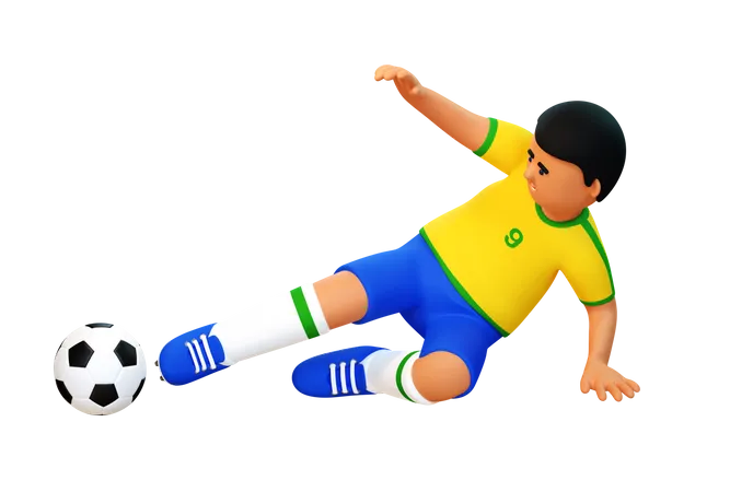 Football player makes sliding tackle in the game 3D Illustration