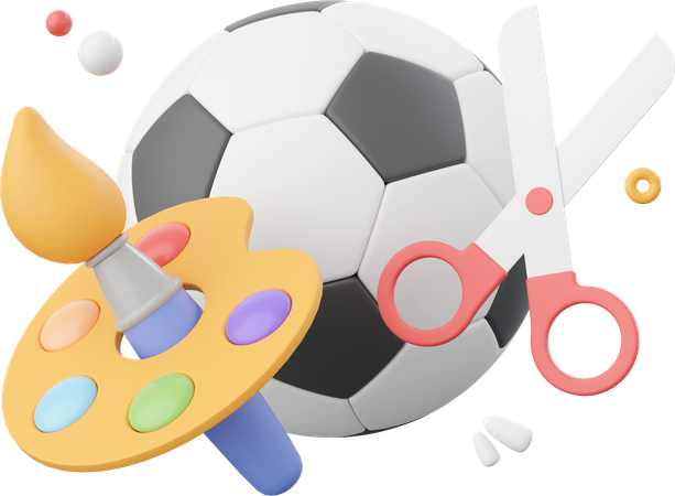 Football With Paintbrush And Color Palette With Scissors  3D Icon