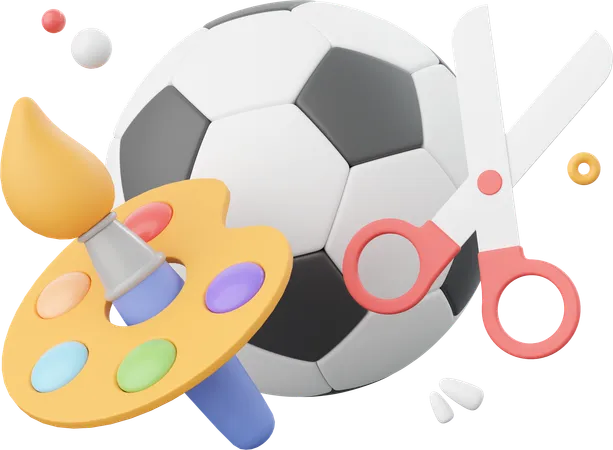 Football With Paintbrush And Color Palette With Scissors  3D Icon