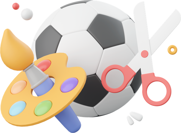 Football With Paintbrush And Color Palette With Scissors  3D Icon