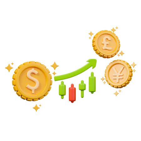 Forex 3 D Icon Foreign Currency Exchange With Candlestick Graph US Dollar Sterling And Japanese Yen Coin 3D Icon