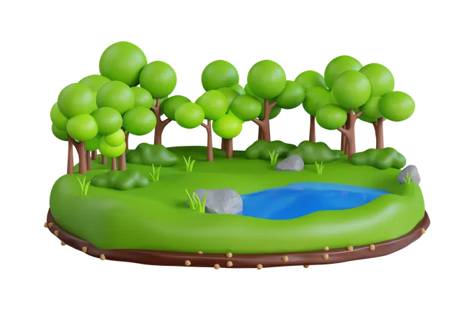 Forest Scene With Little Pond 3 D Illustration Pond Surrounded By Green Grass In The Middle Of The Forest 3D Icon