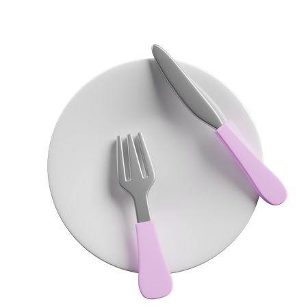 Fork And knife spoon in plate  3D Icon