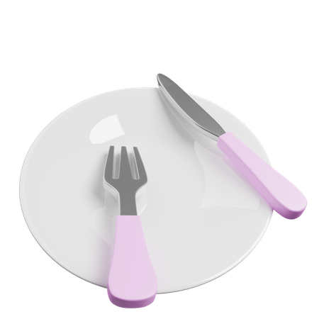 Fork And knife spoon in plate  3D Icon
