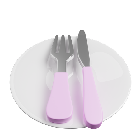 Fork And knife spoon in plate  3D Illustration