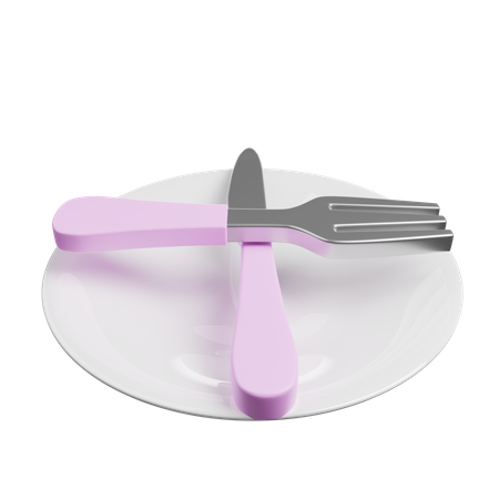 Fork And knife spoon in plate 3D Illustration