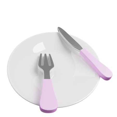 Fork And knife spoon in plate 3D Illustration