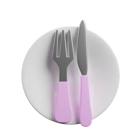Fork And knife spoon in plate  3D Illustration