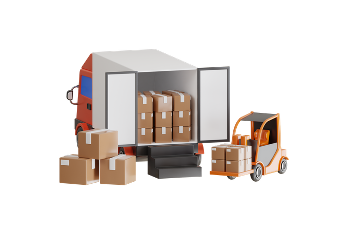 Forklift Boxes of packages onto truck  3D Illustration