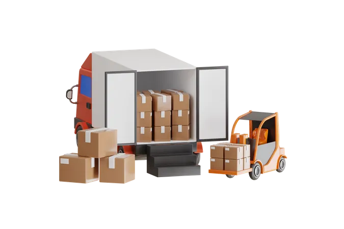 Forklift Boxes of packages onto truck  3D Illustration