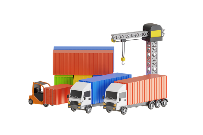 Forklift handling container box loading at the Docks with Truck  3D Icon