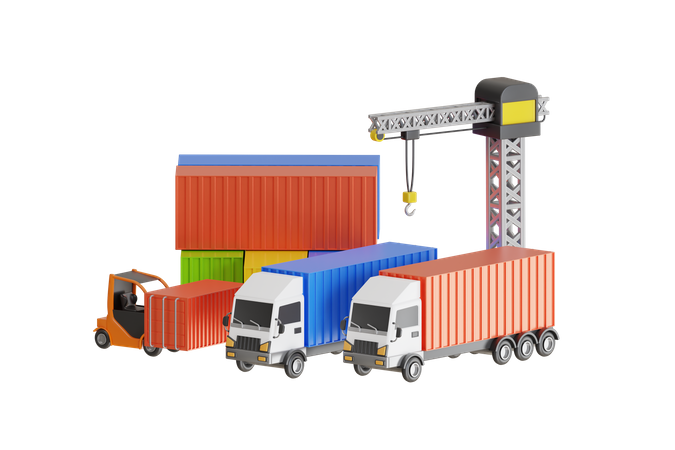 Forklift handling container box loading at the Docks with Truck  3D Illustration