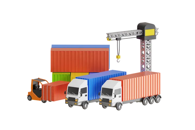 Forklift handling container box loading at the Docks with Truck  3D Illustration