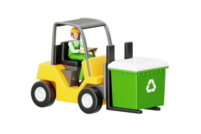 Forklift Holding Trash Box  3D Illustration