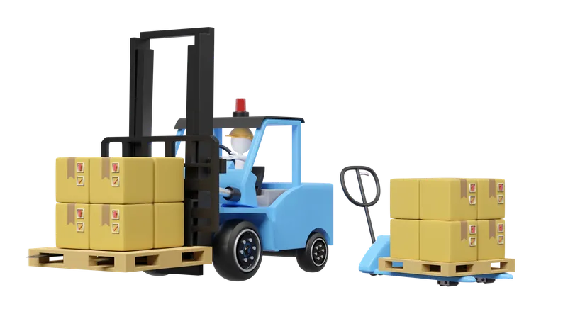 3 D Forklift With Hand Pallet Truck Goods Cardboard Box Isolated 3 D Illustration Render 3D Icon