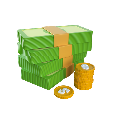 Four Dollar Bundles with Coins  3D Icon