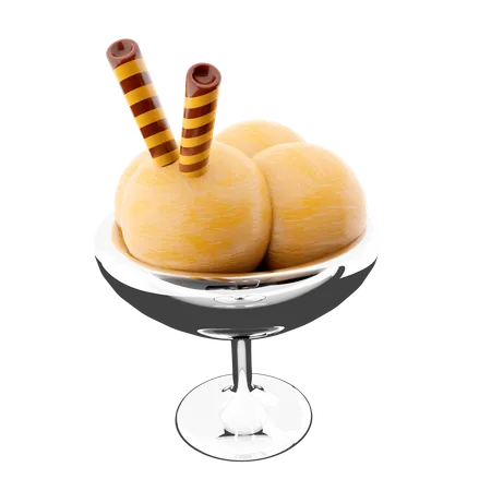 3 D Rendering Four Scoops Of Ice Cream In A Glass Icon 3 D Render Vanilla Ice Cream With Two Waffle Sticks Icon 3D Icon