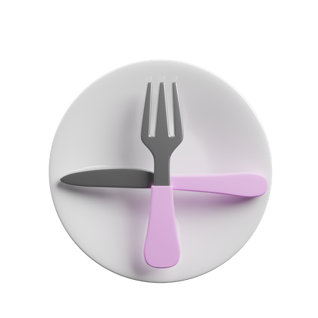 Fourchette et cuillère à couteau dans une assiette  3D Illustration