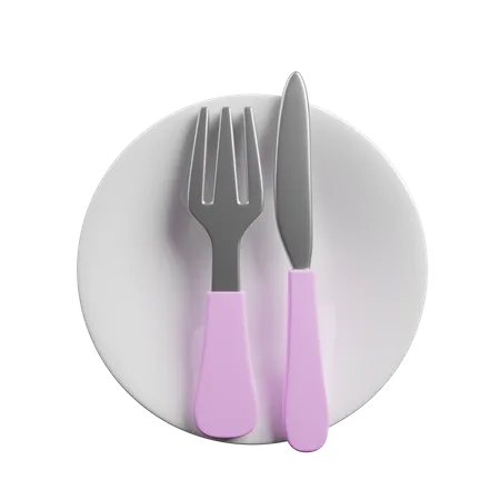 Fourchette et cuillère à couteau dans une assiette  3D Illustration