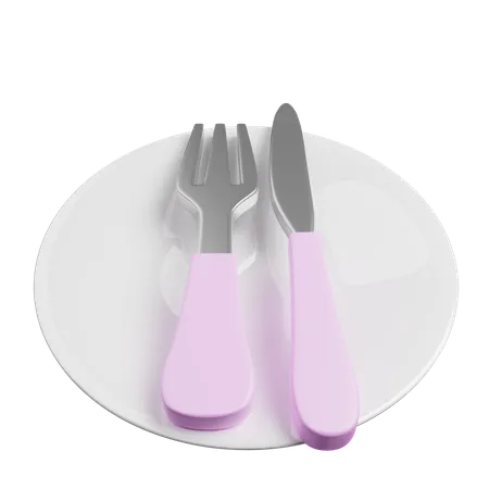 Fourchette et cuillère à couteau dans une assiette  3D Illustration