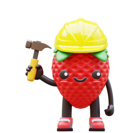Fraise avec marteau porte un casque jaune  3D Illustration