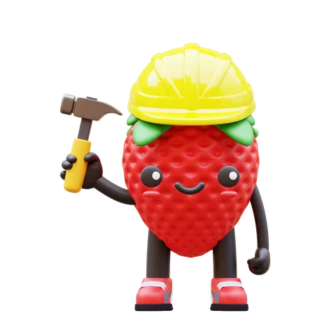 Fraise avec marteau porte un casque jaune  3D Illustration