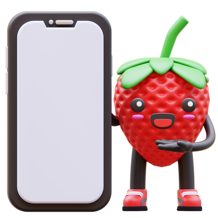 Une jolie fraise présente un écran de smartphone vierge  3D Illustration