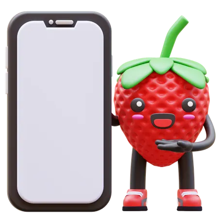 Une jolie fraise présente un écran de smartphone vierge  3D Illustration