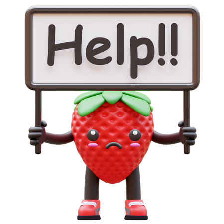 Fraise triste tenant un panneau d'aide  3D Icon
