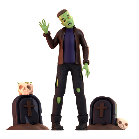 Frankenstein Zombie con calavera  3D Illustration
