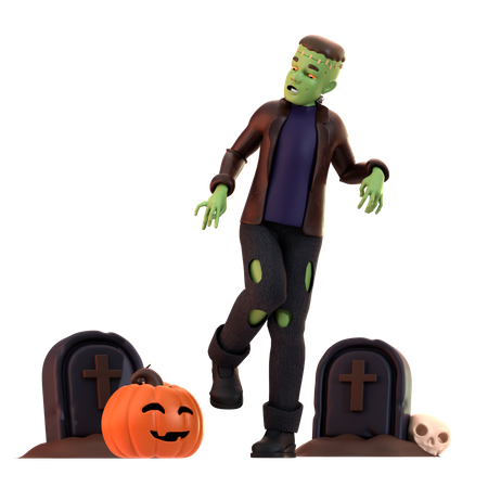 Frankenstein Zombie con calavera  3D Illustration