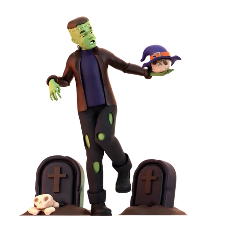 Frankenstein Zombie con sombrero de bruja  3D Illustration