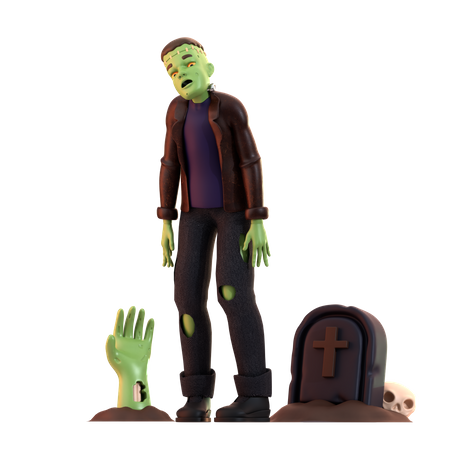 Frankenstein Zombie de pie con lápida  3D Illustration