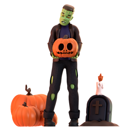 Frankenstein Zombie sosteniendo calabaza  3D Illustration