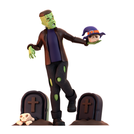 Frankenstein Zombie avec chapeau de sorcière  3D Illustration